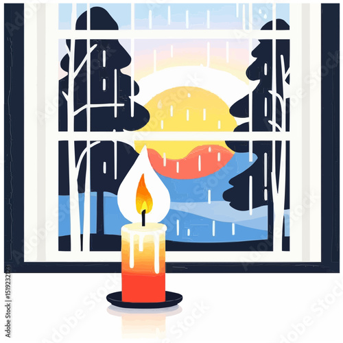 A candle burns brightly in front of a window, with a scenic view of nature.