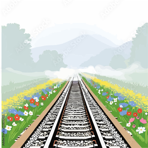 Scenic railroad tracks leading into the distance, surrounded by a beautiful landscape.