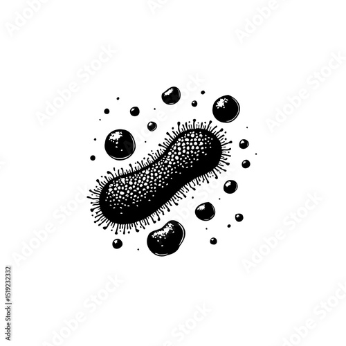 Detailed Illustration of a Microscopic Organism with Surrounding Particles, Black and White