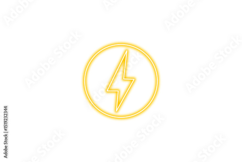 Yellow neon electricity lightning bolt Symbol within neon circular shape isolated on transparent background. Glowing red neon lightning bolt icon. Beam lightning neon sign element. PNG