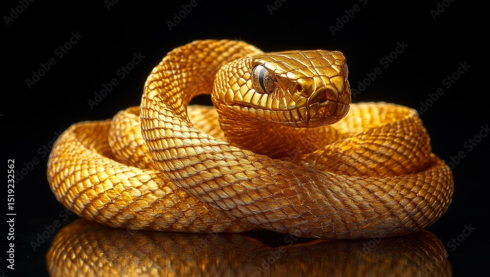 Obraz premium A gold colored snake is curled up on a black background