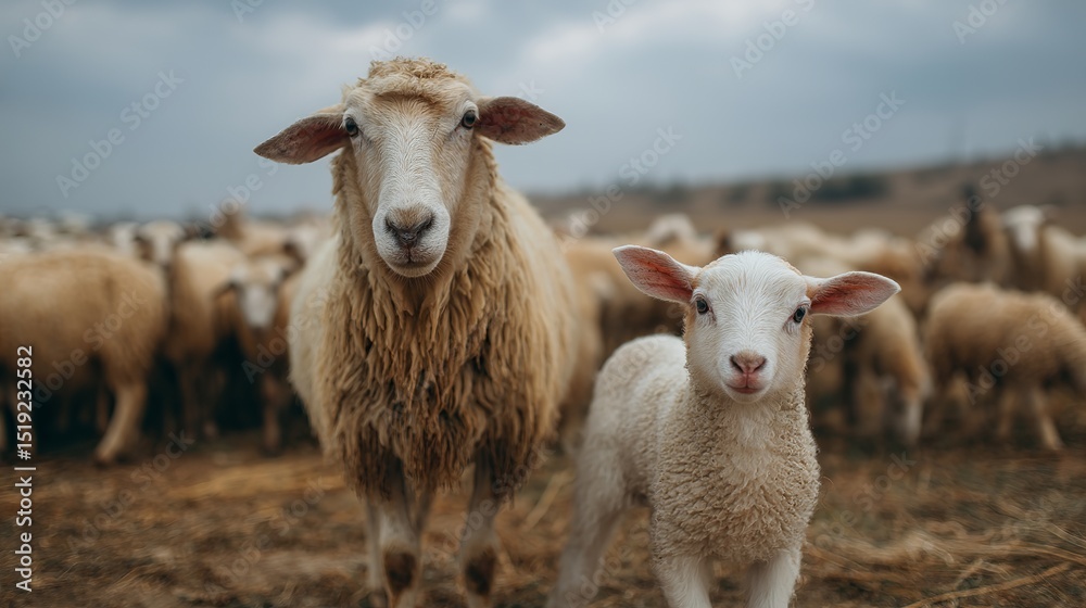 Fototapeta premium A sheep and a lamb standing in front of a flock of sheep in a field on an overcast day looking at camera