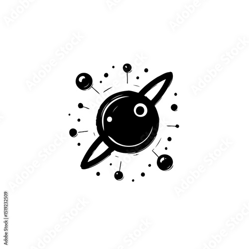 Whimsical Illustration of a Ringed Planet with Orbiting Satellites in Black and White