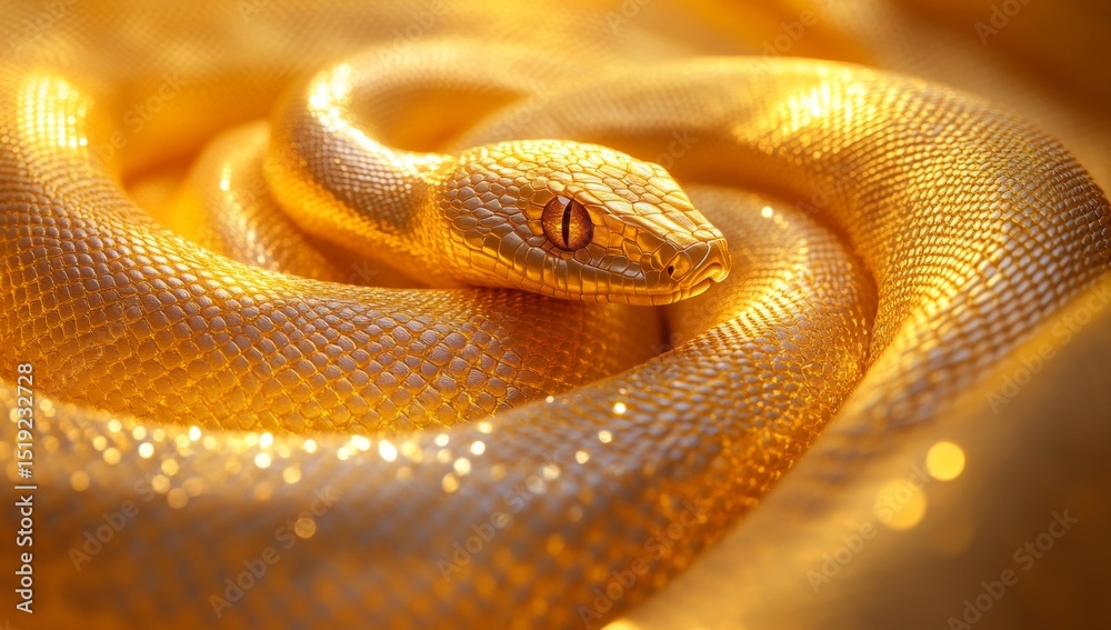 Fototapeta premium A gold colored snake is curled up on a black background