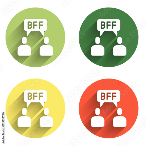 Set BFF or best friends forever icon isolated with long shadow background. Color circle button. Vector