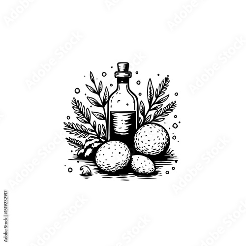 Minimalist drawing of a botanical spa setup featuring oil bottle and plant elements