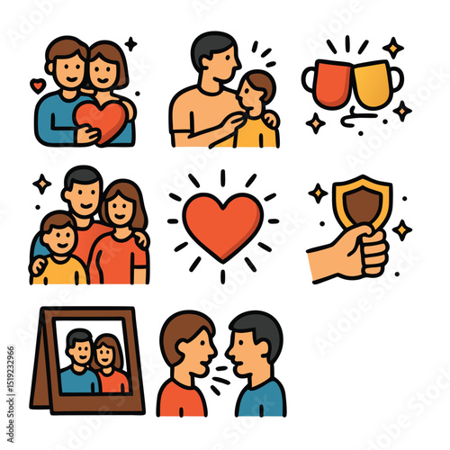 Family icon sheet cartoon drawings depict love family and relationships.