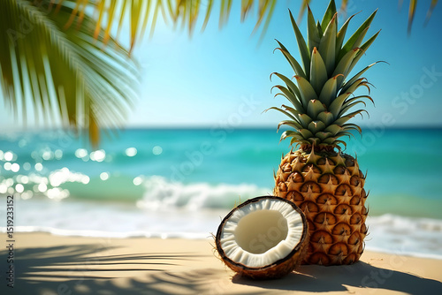 Tropical beach scene featuring pineapple and coconut with palm fronds and turquoise ocean