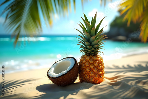 Tropical beach scene featuring pineapple and coconut under palm fronds with turquoise waters