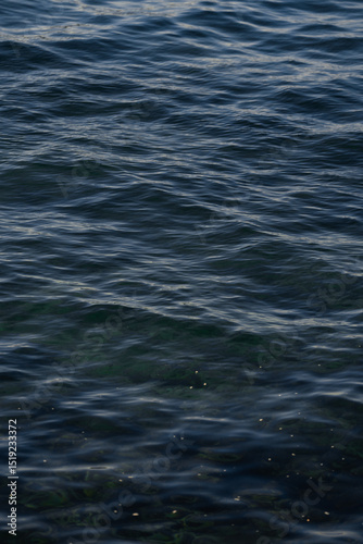Dark blue wavy water surface with ripples reflecting evening light