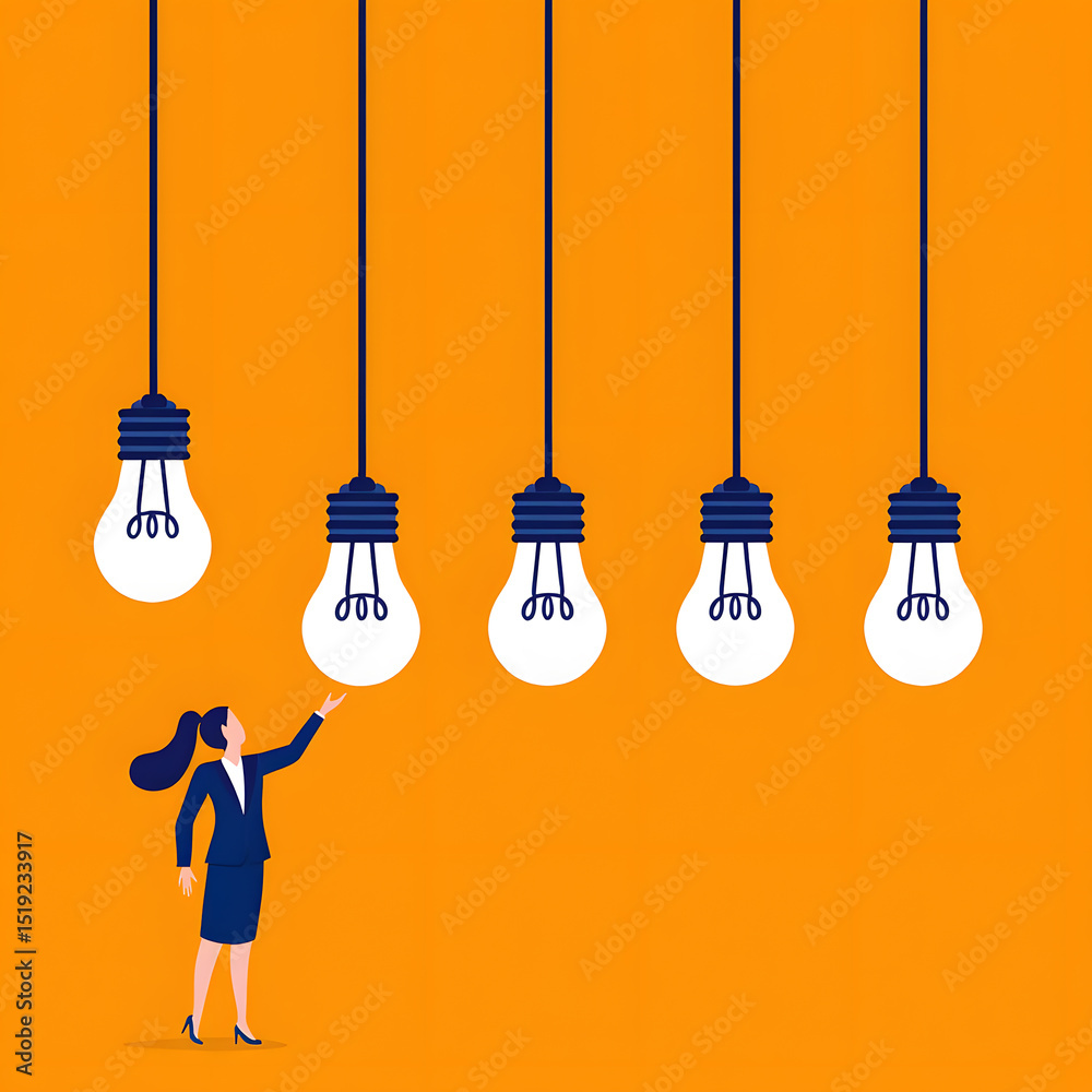 Naklejka premium Businesswoman reaching for hanging light bulbs ideas innovation concept