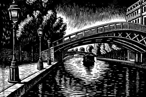 Canal Saint Martin in Paris with historical bridge black and white isolated sketch hand drawn