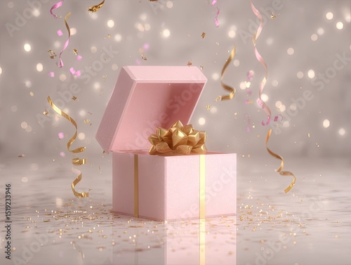 Pink gift box, open, with golden ribbon. Festive confetti