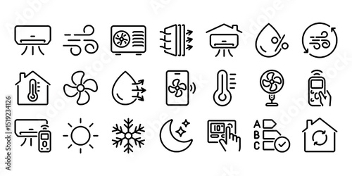 Air conditioner editable stroke outline icons set isolated on white background flat vector illustration.
