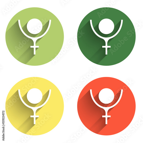 Set Ancient astrological symbol of Pluto icon isolated with long shadow background. Astrology planet. Zodiac and astrology sign. Color circle button. Vector