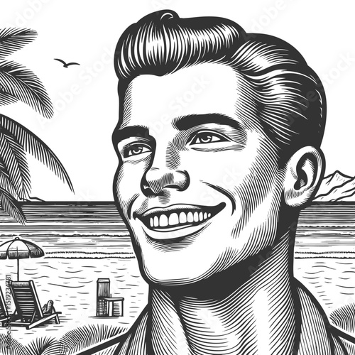 cheerful man in a suit smiling confidently near a beach at sunset with palm trees sketch engraving generative ai fictional character vector illustration. Scratch board imitation. Black and white image