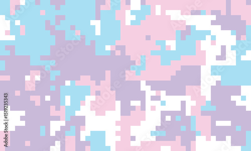 Pastel pixelated camo pattern.  Dreamy, abstract background in soft pink, purple, and blue hues. Ideal for websites, textiles, and playful branding. Evokes feelings of sweetness and gentle energy.