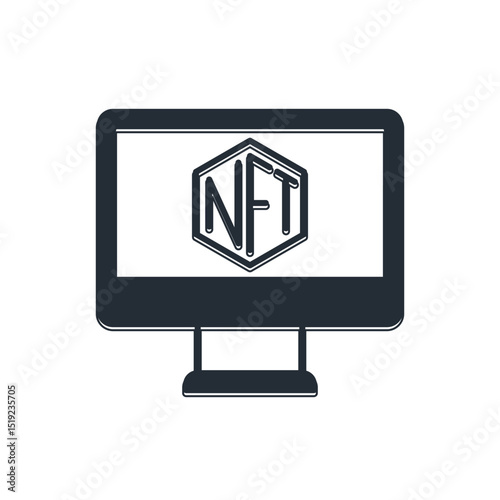 Black Monitor with art store app icon isolated on white background. Technology of selling NFT tokens for cryptocurrency. Non fungible token concept. Vector