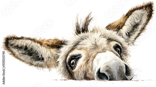 Charming watercolor of an adorable donkey peeking out with large expressive eyes and fluffy fuzzy ears against a clean white background