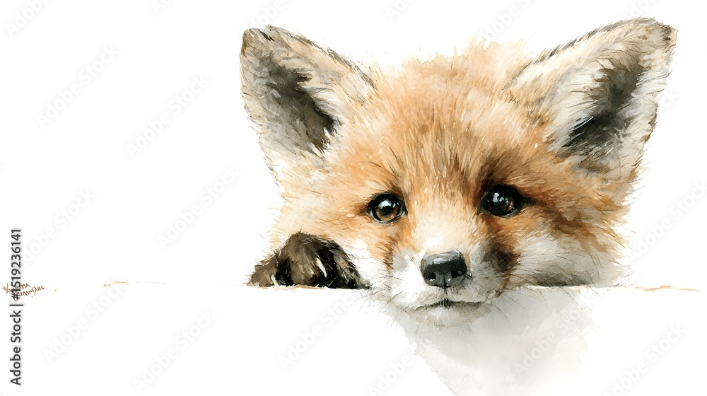 Obraz premium A captivating fox cub peeking curiously from the edge of a paper surface its warm furry tones and friendly eyes creating a soft watercolor like appearance against a white background