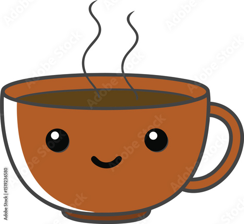 Cute cartoon coffee cup with a happy face and rising steam. Adorable flat style illustration perfect for cafés, breakfast themes, or beverage-related designs. Ideal for print or web use.