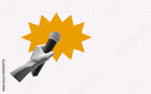 halftone collage, Hand holding microphone, public speaking, voice, communication, podcasting and media presence