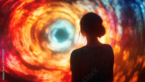 A woman is standing in front of a colorful spiral