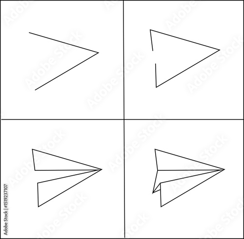 Paper Airplane Evolution Vector Set – Minimalist Line Art Icons Showing Step-by-Step Drawing Process for Design, UI, and Kids Education Projects