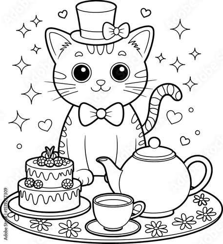 Adorable cat in top hat enjoying afternoon tea party