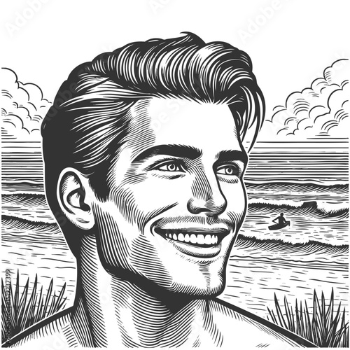 cheerful man in a suit smiling confidently near a beach at sunset with palm trees sketch engraving generative ai fictional character vector illustration. Scratch board imitation. Black and white image