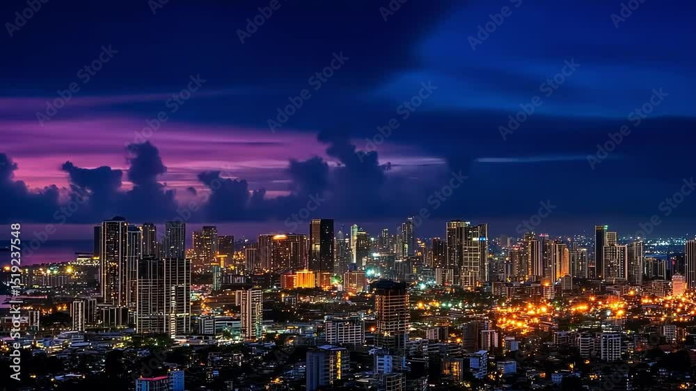 Stunning city skyline at sunset with vibrant clouds and city lights. Stunning city skyline at sunset with vibrant clouds and city lights.