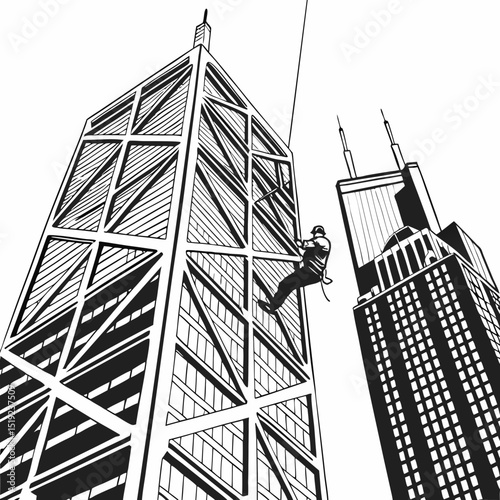 Rope access worker scaling modern skyscraper