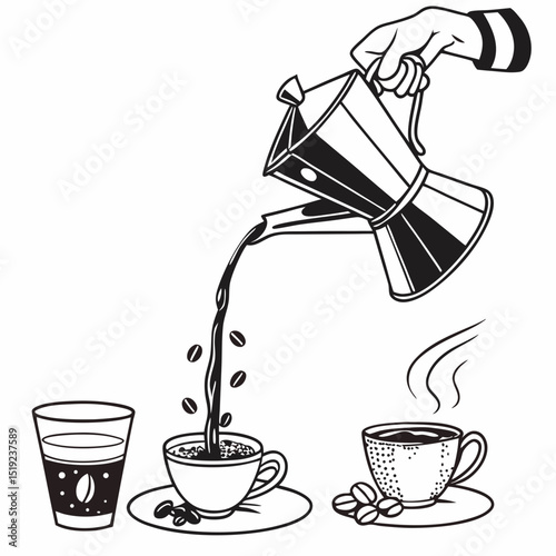 Hand pouring coffee from moka pot into cups
