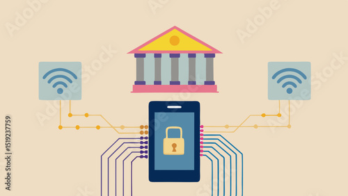 Illustration of a bank building above a smartphone with wifi signals and connected lines to it