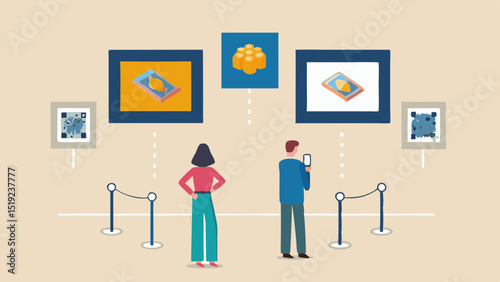 People viewing artwork in a museum with framed pictures and barriers in a modern art gallery setting