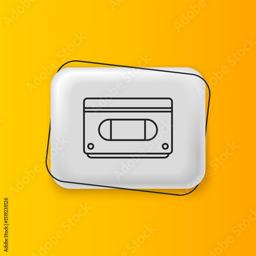 Black VHS video cassette tape icon isolated on yellow background. Silver rectangle button. Vector