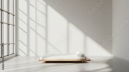 A minimal bed frame with a single mattress and no headboard positioned in a bright loft space solid light gray 