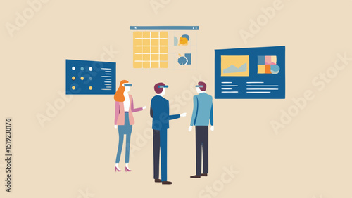 Three people using vr headsets looking at data dashboards in a virtual meeting environment setting