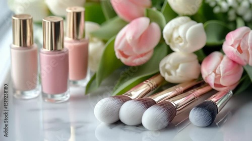 Soft makeup brushes rest beside pink and white tulips with blurred nail polish bottles in the background