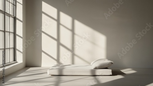 A minimal bed frame with a single mattress and no headboard positioned in a bright loft space solid light gray 