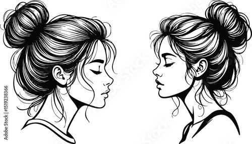 Portrait woman profile line art hairstyle sketch


