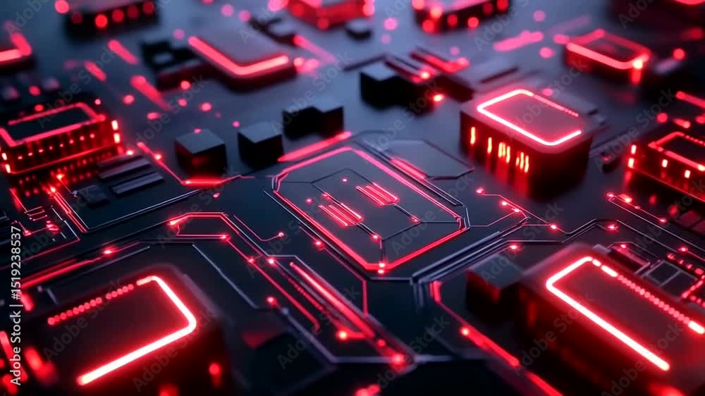 Complex circuit board with glowing red components.  Detailed close-up view of intricate pathways and integrated circuits