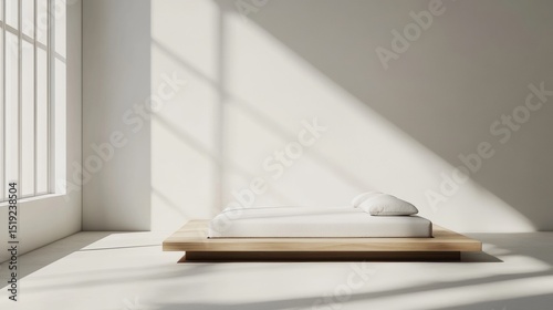 A minimal bed frame with a single mattress and no headboard positioned in a bright loft space solid light gray 