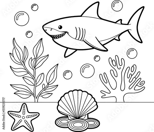 Adorable shark coloring page ocean scene underwater fun