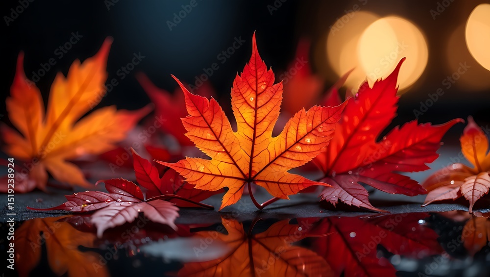 Vibrant autumn maple leaves with reflected light and bokeh on dark background Vibrant autumn maple leaves with reflected light and bokeh on dark background