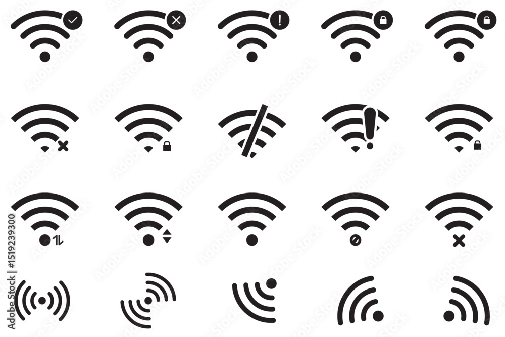 Wi-fi icon set for interface design. Wireless wi-fi hotspot signal sign collection. Wireless and Network vector icon design. Internet sign. Stock vector illustration. Wi-fi icon set for interface design. Wireless wi-fi hotspot signal sign collection. Wireless and Network vector icon design. Internet sign. Stock vector illustration.