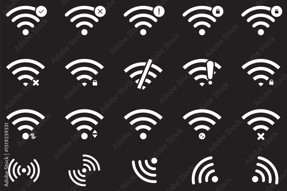 Wi-fi icon set for interface design. Wireless wi-fi hotspot signal sign collection. Wireless and Network vector icon design. Internet sign. Stock vector illustration. Wi-fi icon set for interface design. Wireless wi-fi hotspot signal sign collection. Wireless and Network vector icon design. Internet sign. Stock vector illustration.