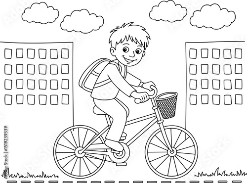 Boy riding bicycle to school backpack city buildings