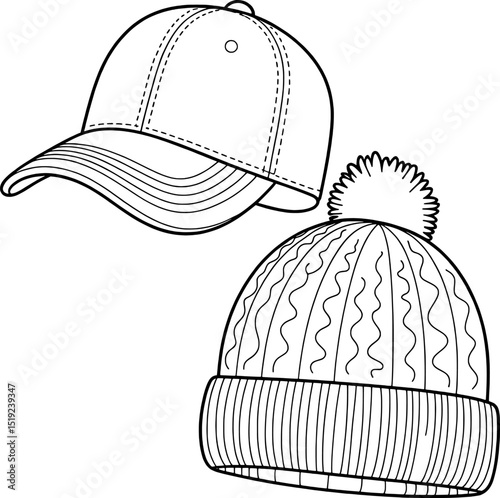Baseball cap and knit winter hat line art illustration