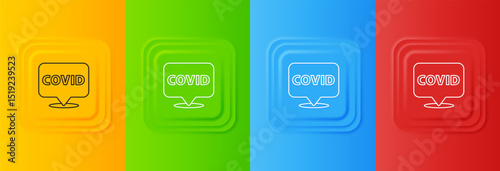 White Corona virus covid-19 on location icon isolated on colorful background. Bacteria and germs, cell cancer, microbe, fungi. Set icons in square buttons. Vector